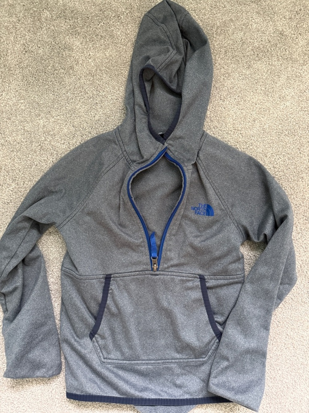 The North Face Heather Gray Hoodie with Blue Trim